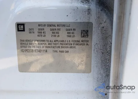 2014 Chevrolet Cruze 1Lt Auto z USA, uszkodzony, nr VIN 1G1PC5SB1E7401114